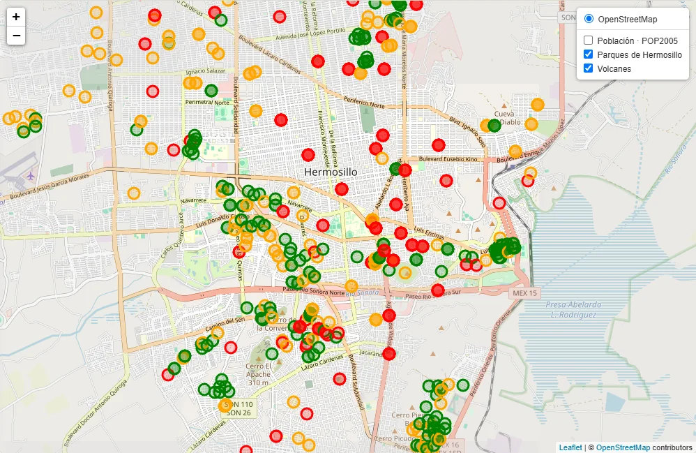 Captura real del mapa con parques de Hermosillo sobre OpenStreetMap.