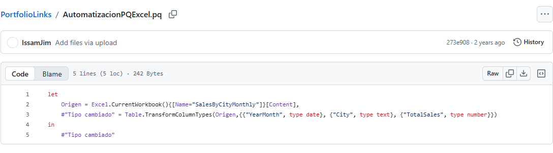 Captura de AutomatizacionPQExcel.pq en GitHub: lectura de SalesByCityMonthly y conversión de YearMonth, City y TotalSales a fecha, texto y número.